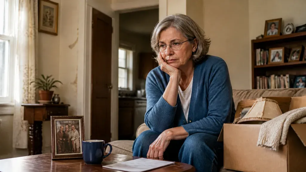 A woman sitting on the arm of a sofa beside packing boxes, chin on her hand.