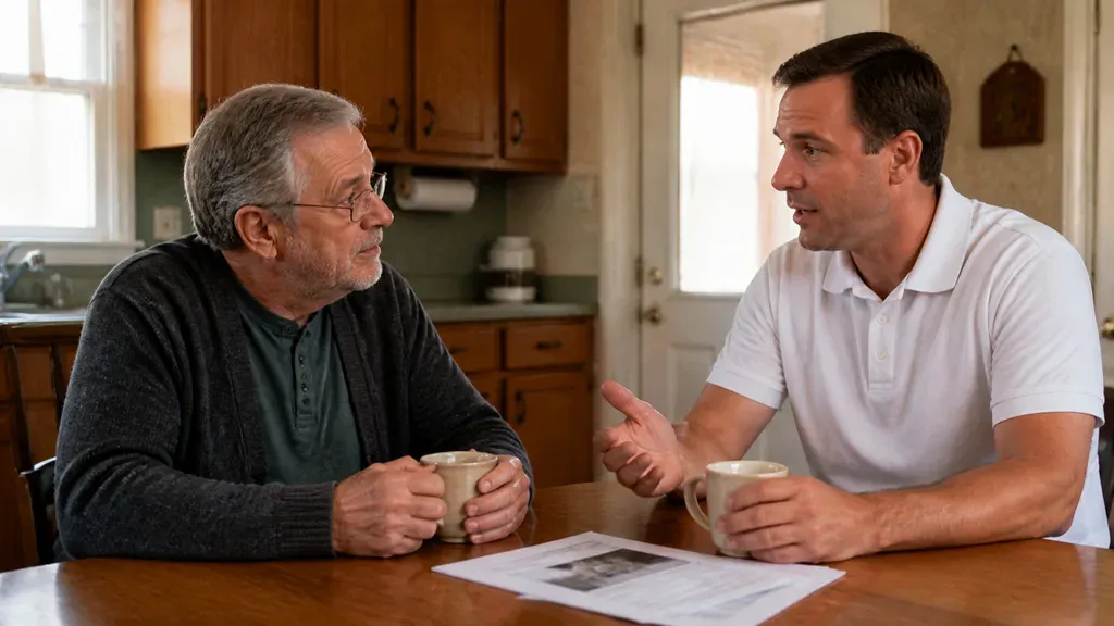 An older man in glasses listening as a younger man gestures over a page.