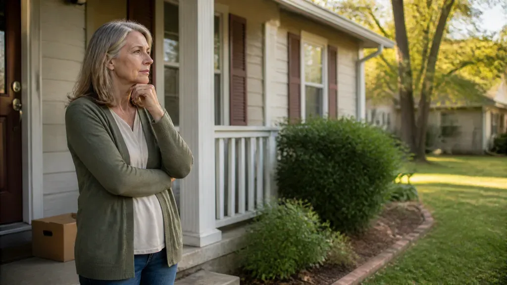 A woman standing on her porch looking out at the yard, a packing box behind her.