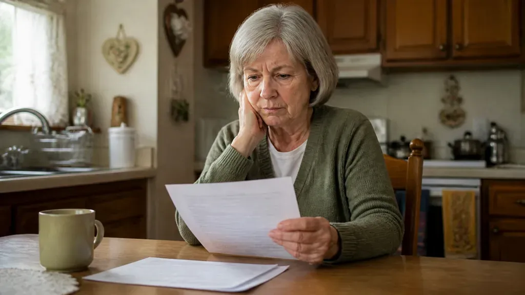 A woman reading a single page at her kitchen table, hand resting against her cheek.