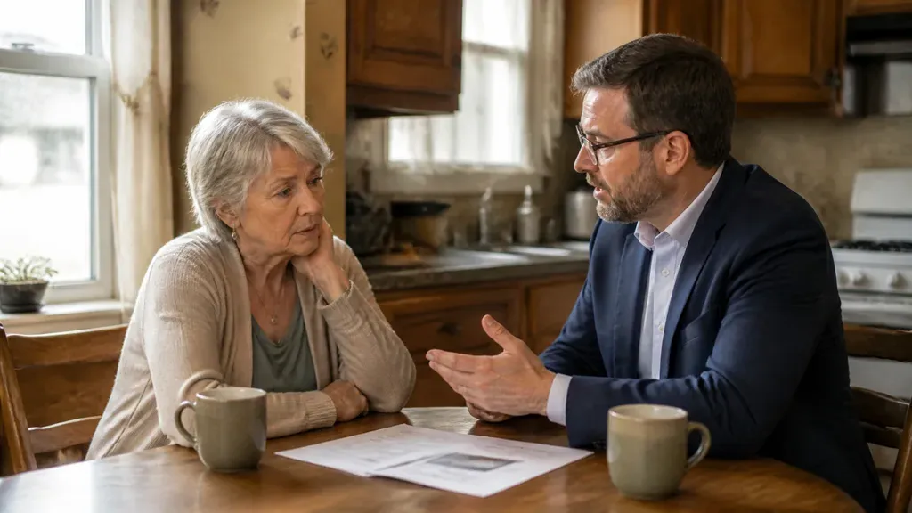 A woman listening as a man in a suit gestures over paperwork at her kitchen table.