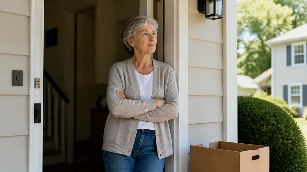 A woman leaning against her doorframe with folded arms, a packing box at her feet.
