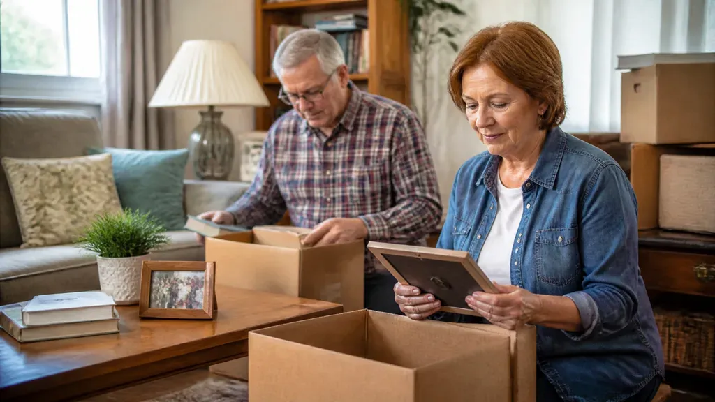 A couple sorting books and framed photos into moving boxes in their living room.