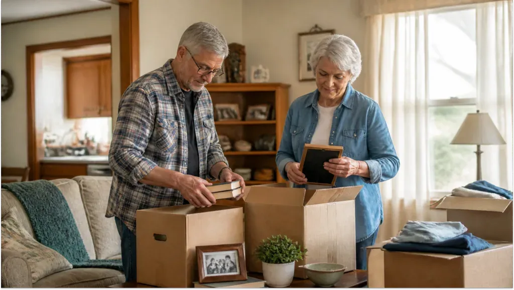 A couple packing books and framed photos into boxes in a living room full of things.