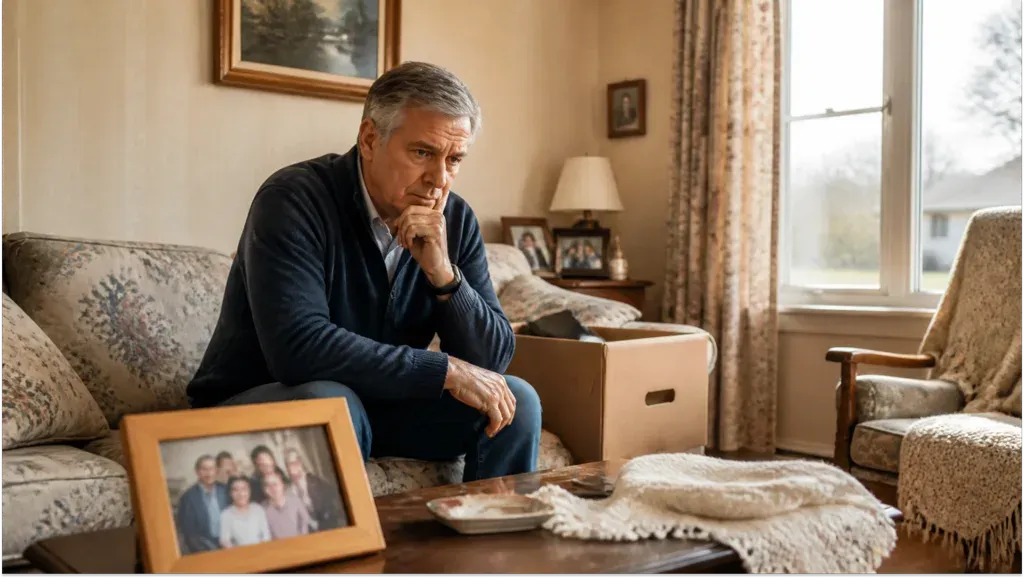 A man sitting on a sofa beside a packing box, a family photo on the table in front.