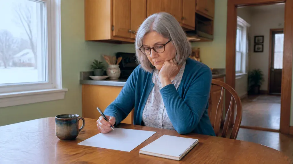 A woman in glasses writing on a pad at her kitchen table, snow outside the window.