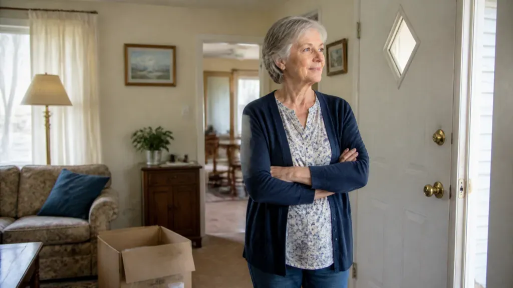 A woman standing with folded arms by her front door, a packing box on the floor.