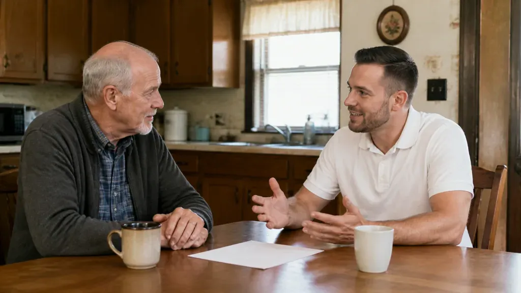 An older man listening as a younger man gestures across a kitchen table.