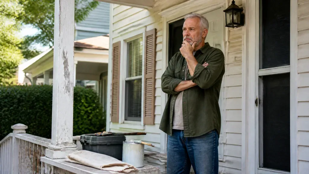 A man standing on a peeling porch with his hand to his chin, paint tins beside him.
