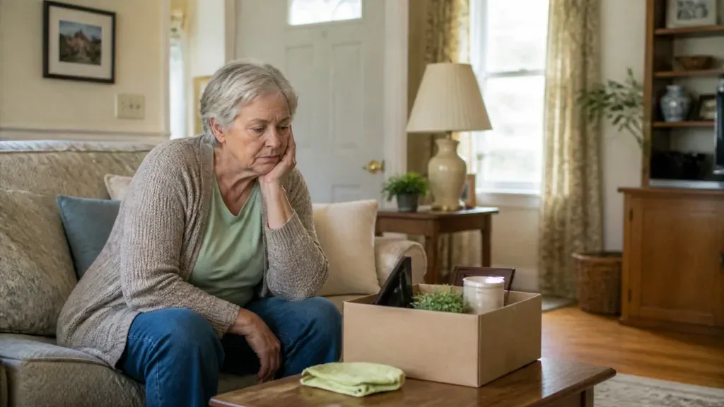 A woman on a sofa resting her head on her hand, a packing box on the table.