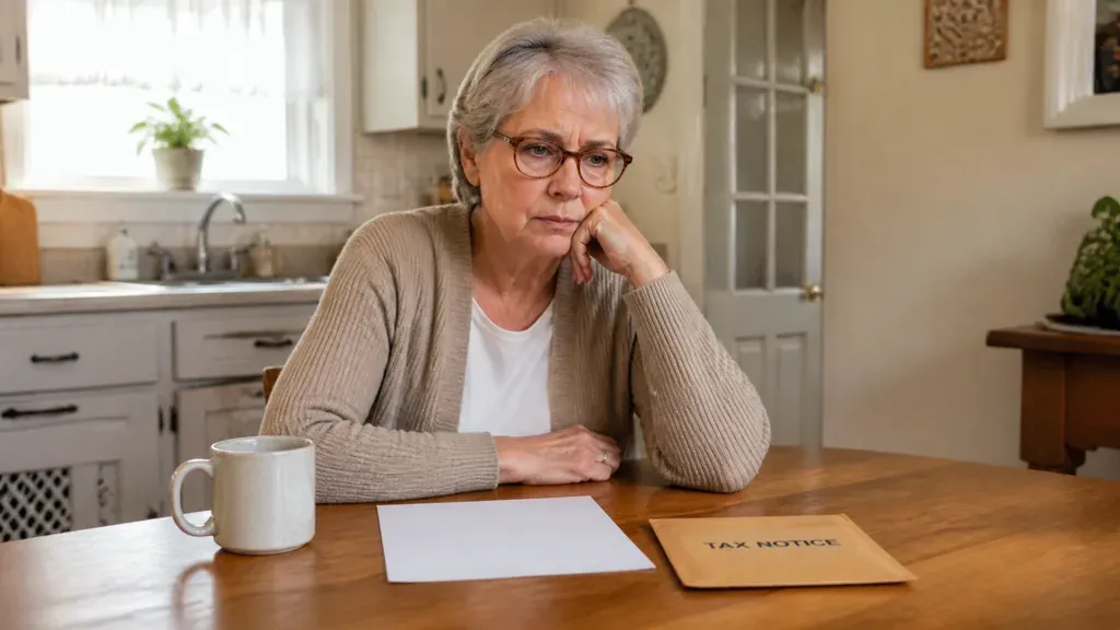 A woman at her kitchen table with a folder marked tax notice and a blank sheet.