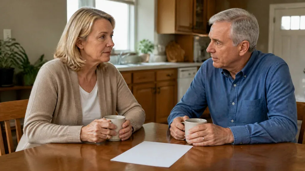 A woman and a man sitting apart at a kitchen table with a blank page between them.