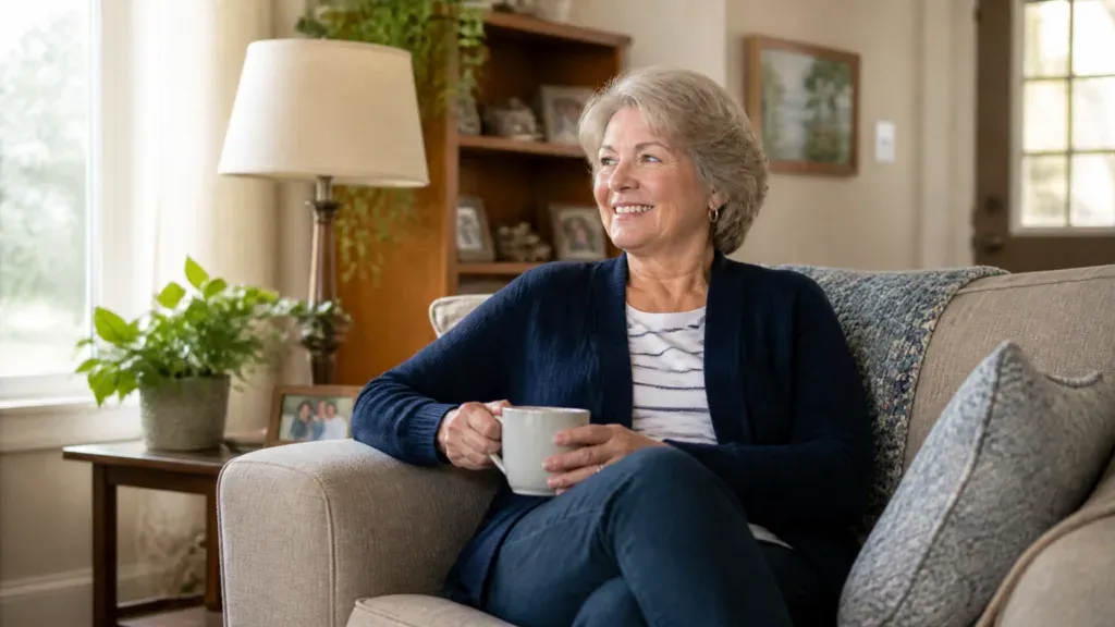 A woman relaxing in an armchair with a mug, looking out into the room.