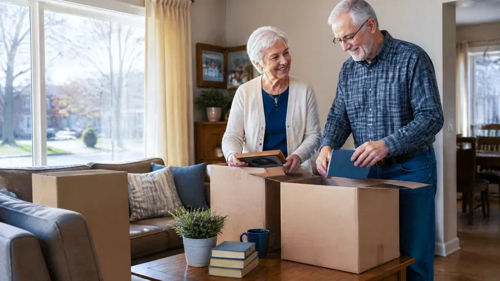 An older couple packing books and photos into a box in a bright living room.