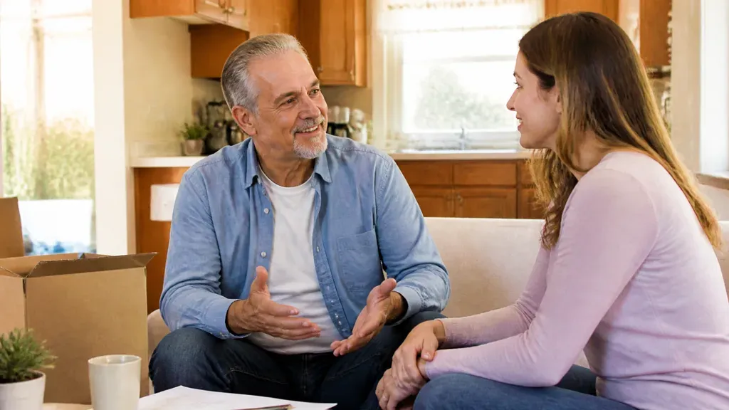 A man talking with a younger woman on a sofa, packing boxes stacked behind them.