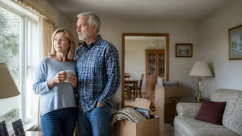 A couple standing at a window with packing boxes stacked in the room behind them.