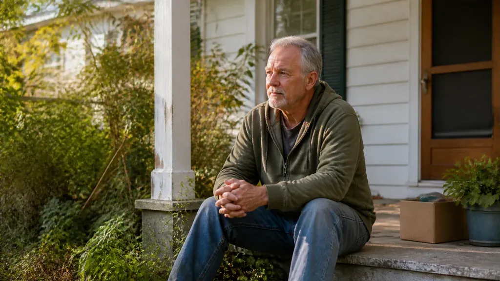 A man sitting on the steps of a peeling porch with his hands clasped.