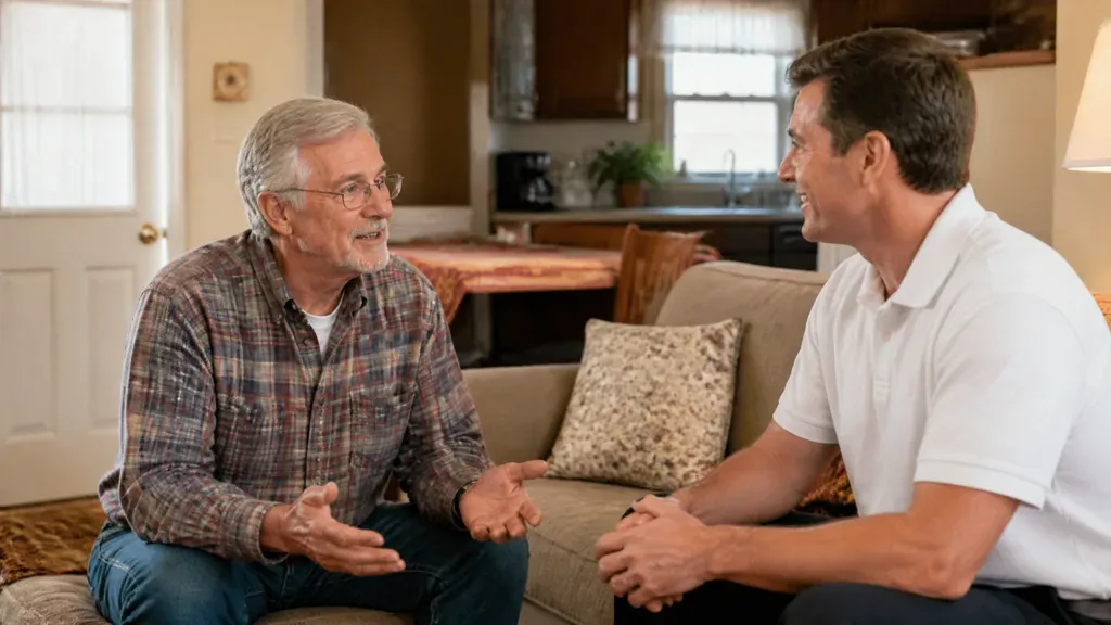 An older man gesturing as he talks with a younger man on a living room sofa.