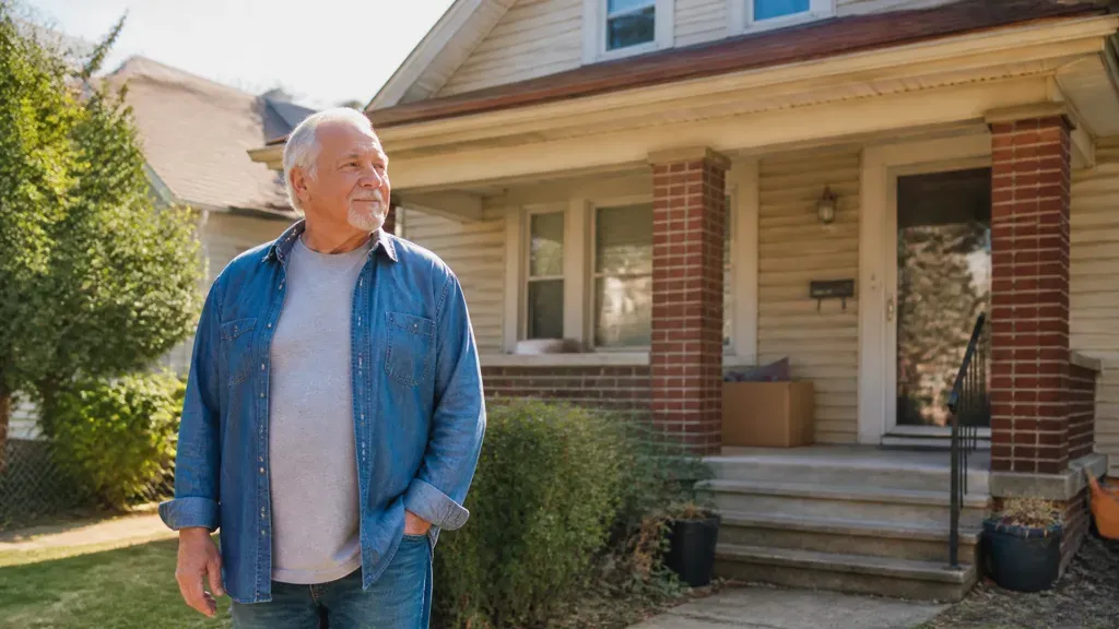 A man standing in his front yard looking off to the side, hands in his pockets.