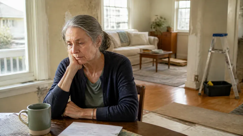 A homeowner sits at her table with a stepladder and toolbox behind her in a room still mid-repair.