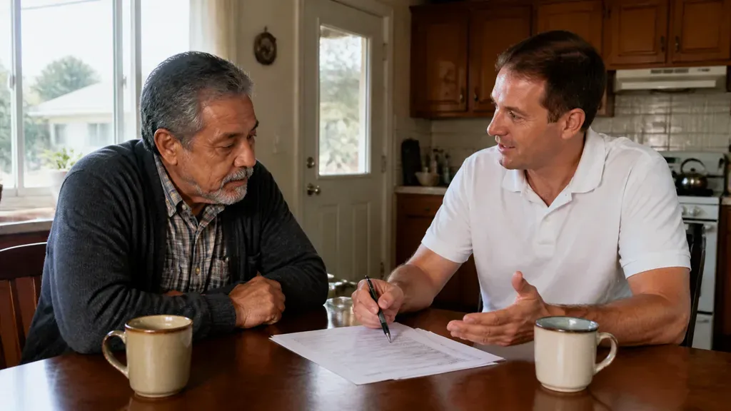 A buyer signs a document at the kitchen table while the homeowner watches, mugs on either side.
