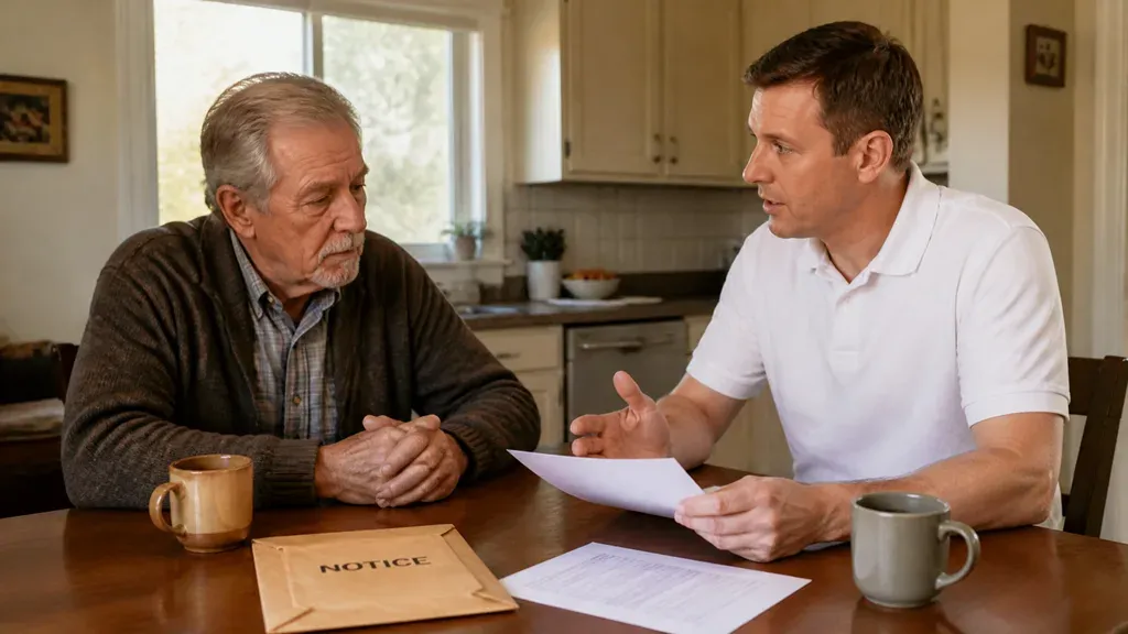 A buyer holds a page across the table from a homeowner, a notice envelope open between them.