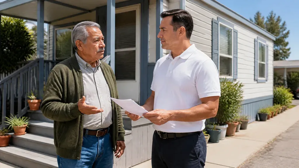 A mobile home owner reads an offer sheet with a buyer on the walkway outside his home.