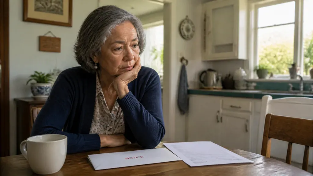A homeowner sits alone at her kitchen table with a letter and papers in front of her.