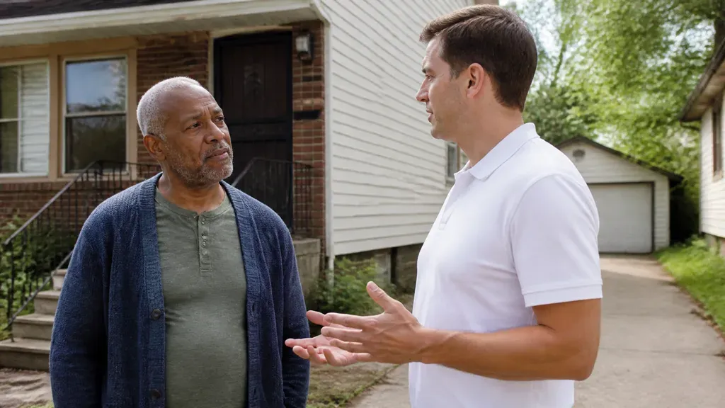 A homeowner and a cash buyer weigh options on the driveway outside a brick and clapboard Detroit house.
