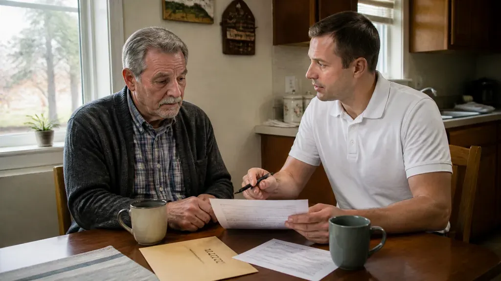 A buyer holds a pen over foreclosure paperwork spread across a kitchen table as the homeowner reads along.