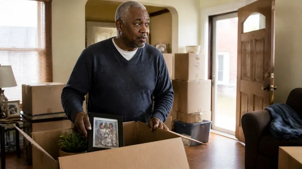 A homeowner packs a framed family photo into a moving box, with more boxes stacked by the open front door.