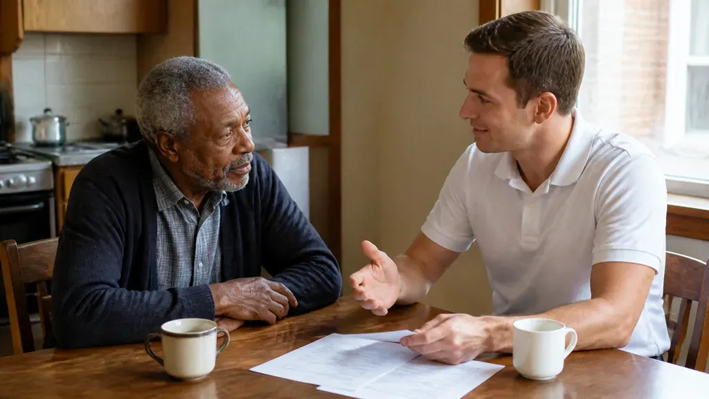 A homeowner and a buyer go over a sale document at the kitchen table with no agent in the room.