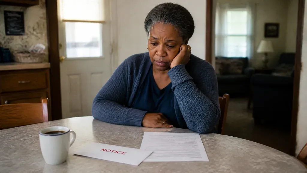 A homeowner sits alone at the kitchen table, head resting on one hand, a foreclosure notice beside her coffee.