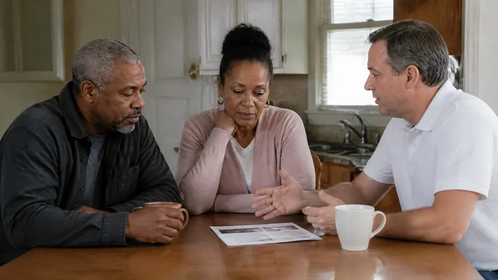 A married couple sit together at their kitchen table talking with a buyer about selling the house.