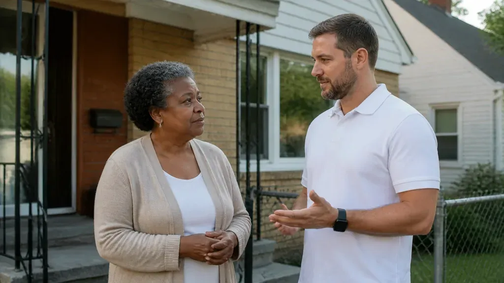 A homeowner listens to a cash buyer in the side yard of her house, next to a chain-link fence.
