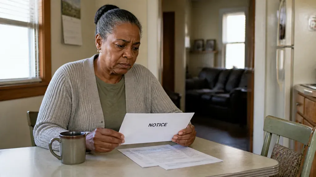 A homeowner reads a pre-foreclosure notice alone at the kitchen table, coffee going cold beside her.