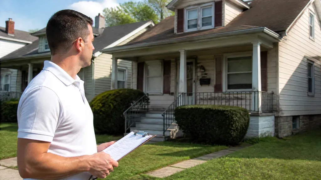 A buyer stands on the lawn with a clipboard, sizing up a Detroit house from the sidewalk.