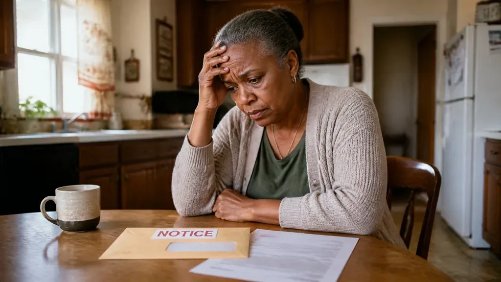 A homeowner sits at the kitchen table with a hand to her forehead, a missed-payment notice in front of her.