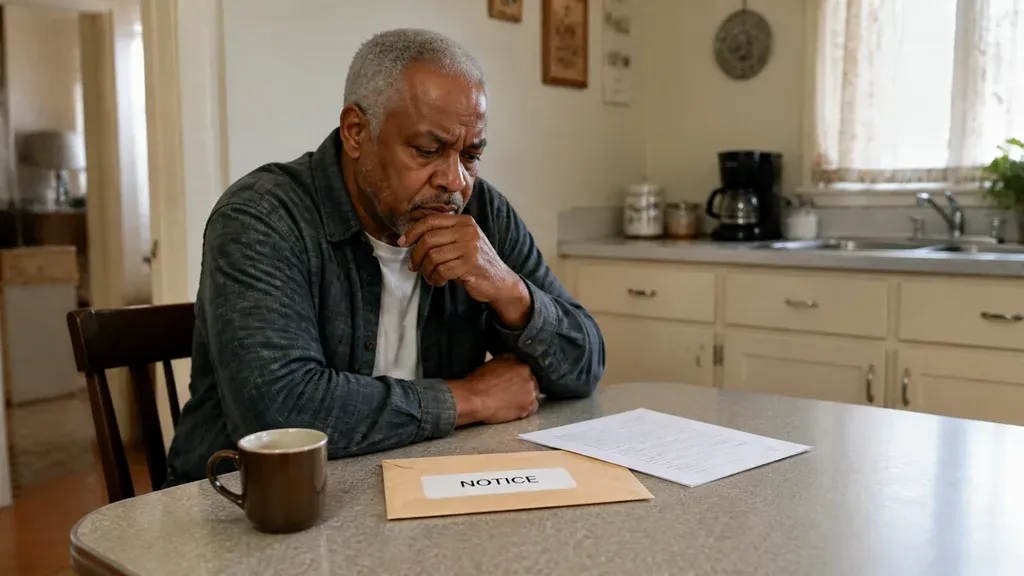 A homeowner sits alone with a completed foreclosure notice on the kitchen table, looking down at it.