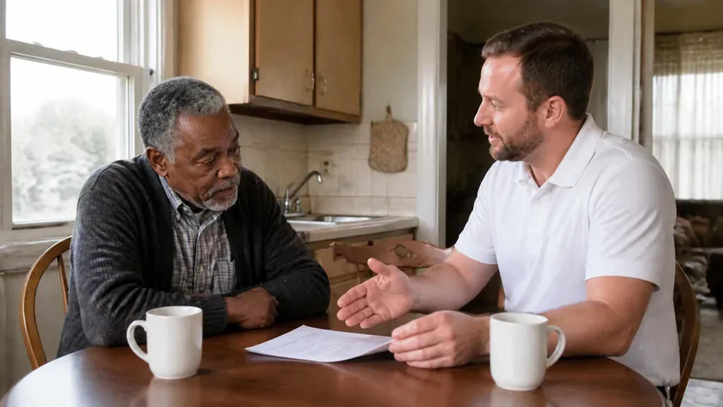 A buyer walks a homeowner through how the offer number was built, the worksheet on the kitchen table.