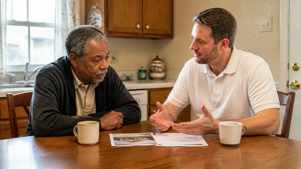 A buyer lays out a homeowner's options across the kitchen table, photos of the house among the papers.