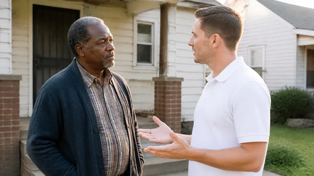 A homeowner questions a cash buyer outside his house about how the company actually makes money.