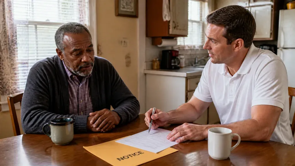 A homeowner signs a foreclosure prevention form at the kitchen table as a buyer looks on.
