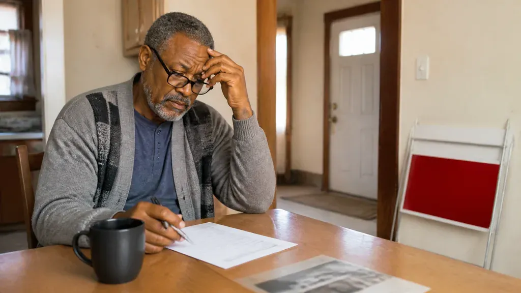 A homeowner works through listing paperwork alone at the table, a blank for sale sign propped by the door.