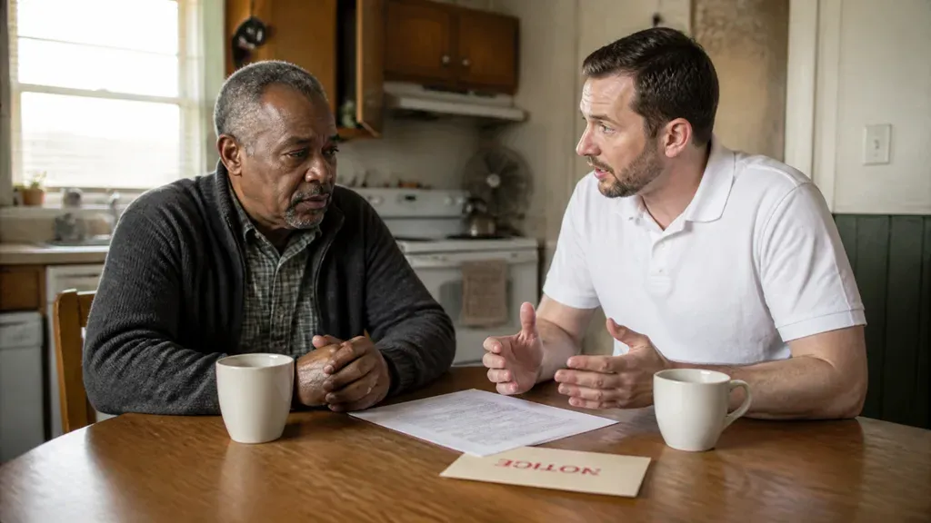 A buyer explains the difference between a short sale and foreclosure, a notice on the kitchen table.