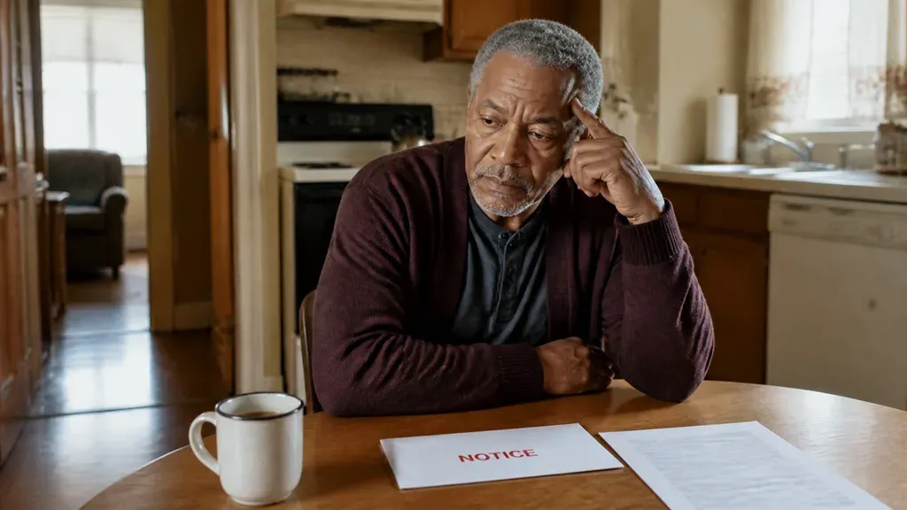 A homeowner presses a hand to his temple over a red-lettered notice from the bank at his kitchen table.