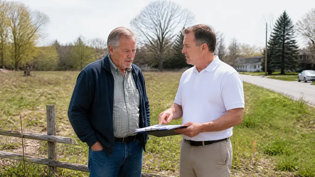 A landowner and a buyer with a clipboard walk a grassy parcel beside a split-rail fence.