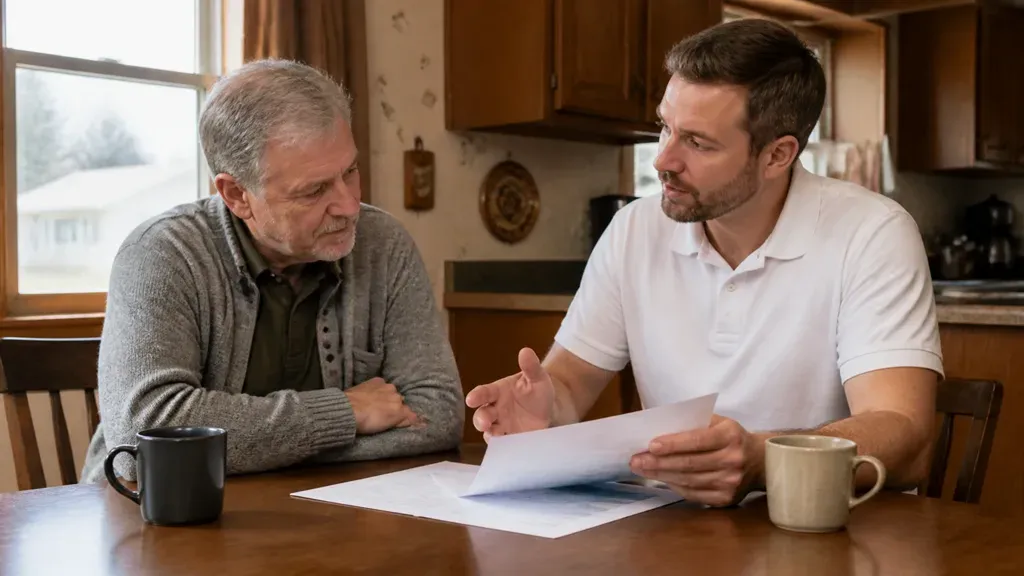 A buyer explains an owner financing agreement to a homeowner at his kitchen table.
