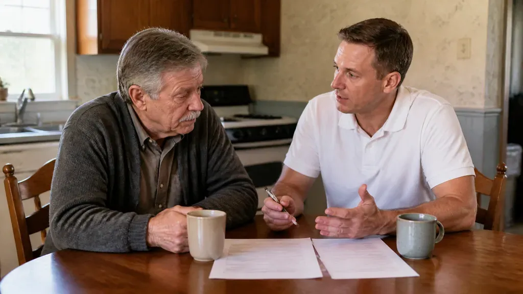 A buyer and a homeowner sit with a pen and loan documents, working out an owner carry with a mortgage in place.
