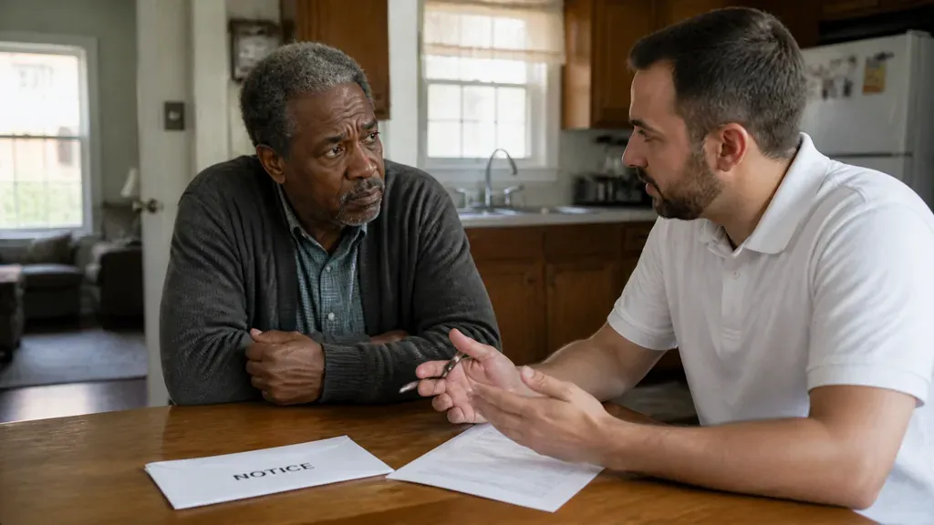 A homeowner sits with arms folded at a kitchen table while a buyer talks through the notice letter in front of them.